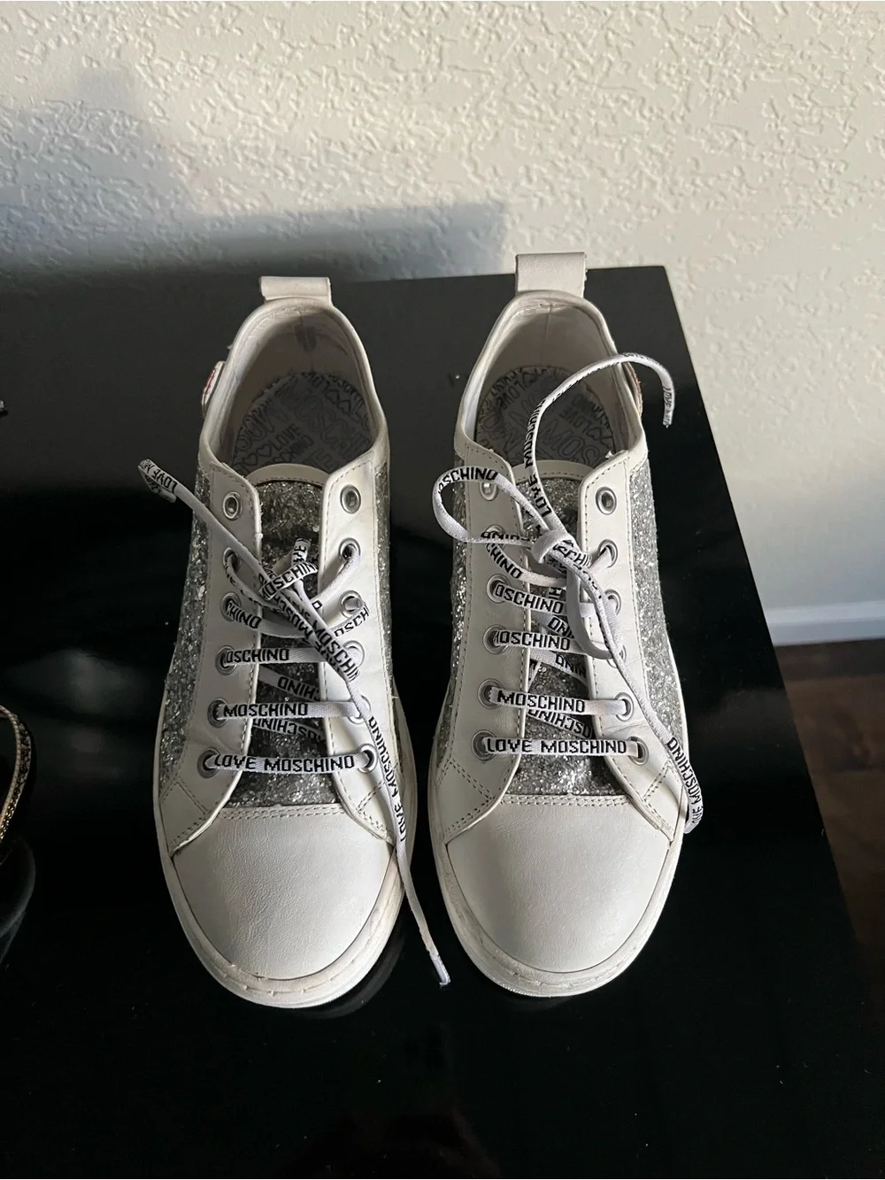 Moschino Silver Glitter Platform Sneakers with Red Heart Patch